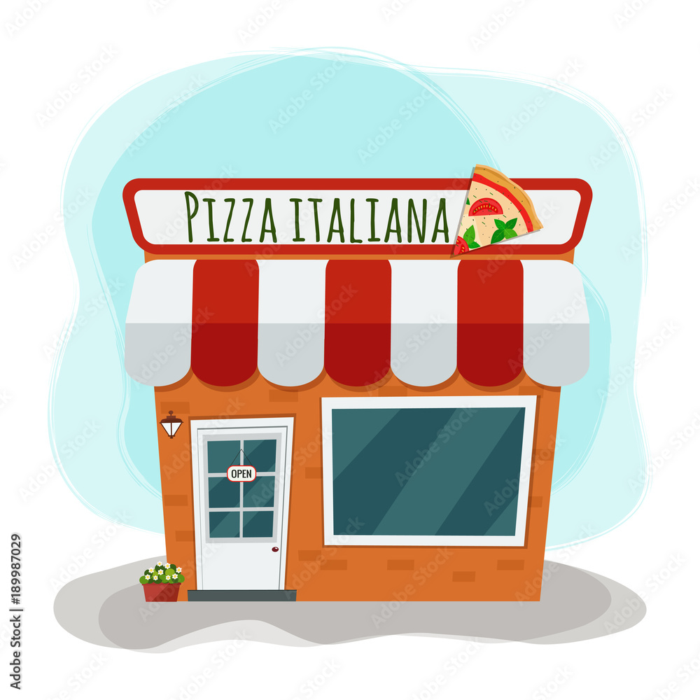 Cartoon pizzeria. Vector illustration. Flat design.
