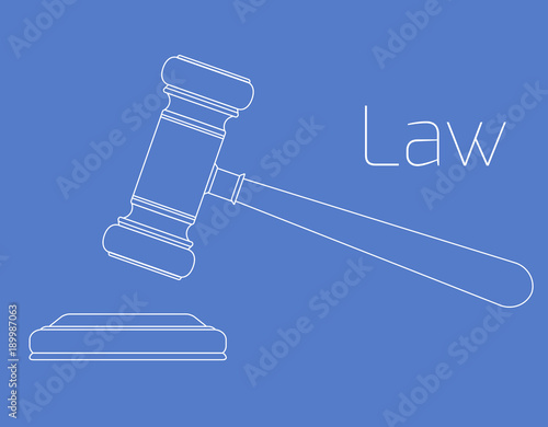 Contour lifted hammer of a judge on a blue background. Symbol of justice. Vector outline flat illustration for your design.
