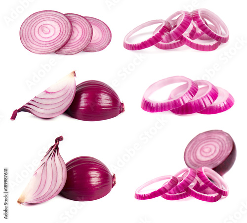 Sliced red onion isolated on white background. Collection of red onion slices isolated on a white background. Red onion isolated. Closeup
