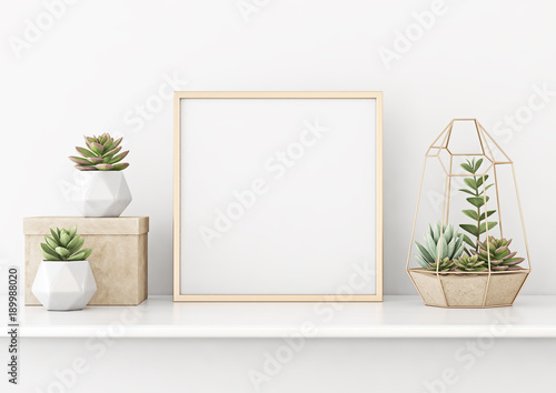 Home interior poster mock up with horizontal gold metal frame and succulents on white wall background. 3D rendering.