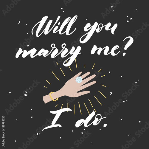 Will you marry me lettering. Hand drawn vector illustration, greeting card, design, logo for Valentine s Day.
