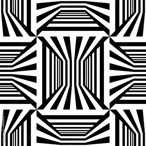 Abstract vector seamless op art pattern. Monochrome graphic black and white ornament. Striped optical illusion repeating texture