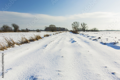 Snow-covered road through fields © darekb22