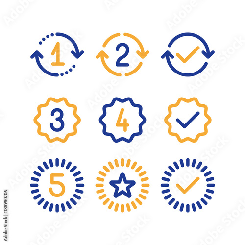 Warranty years signs, guarantee service period, approved mark, line icons