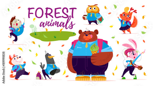 Vector set of flat friendly cute forest animals children - back to school theme isolated on white background. Animal students characters  icons.