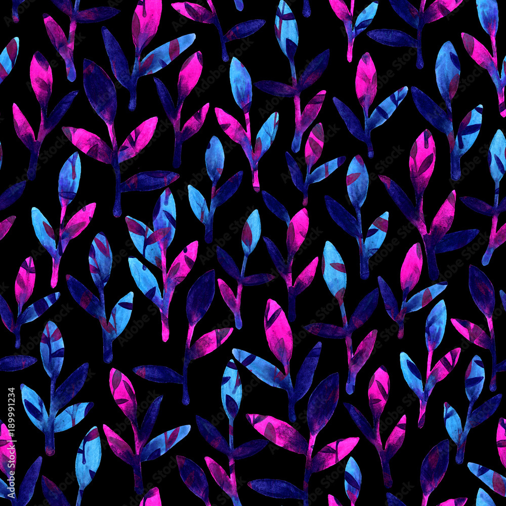 Simple and cute floral seamless pattern. Pink, blue and violet spring  leaves hand painted with watercolor. Nature drawing leaf on dark background.  Art bright backdrop wallpaper. Beautiful colors brush Stock Illustration |