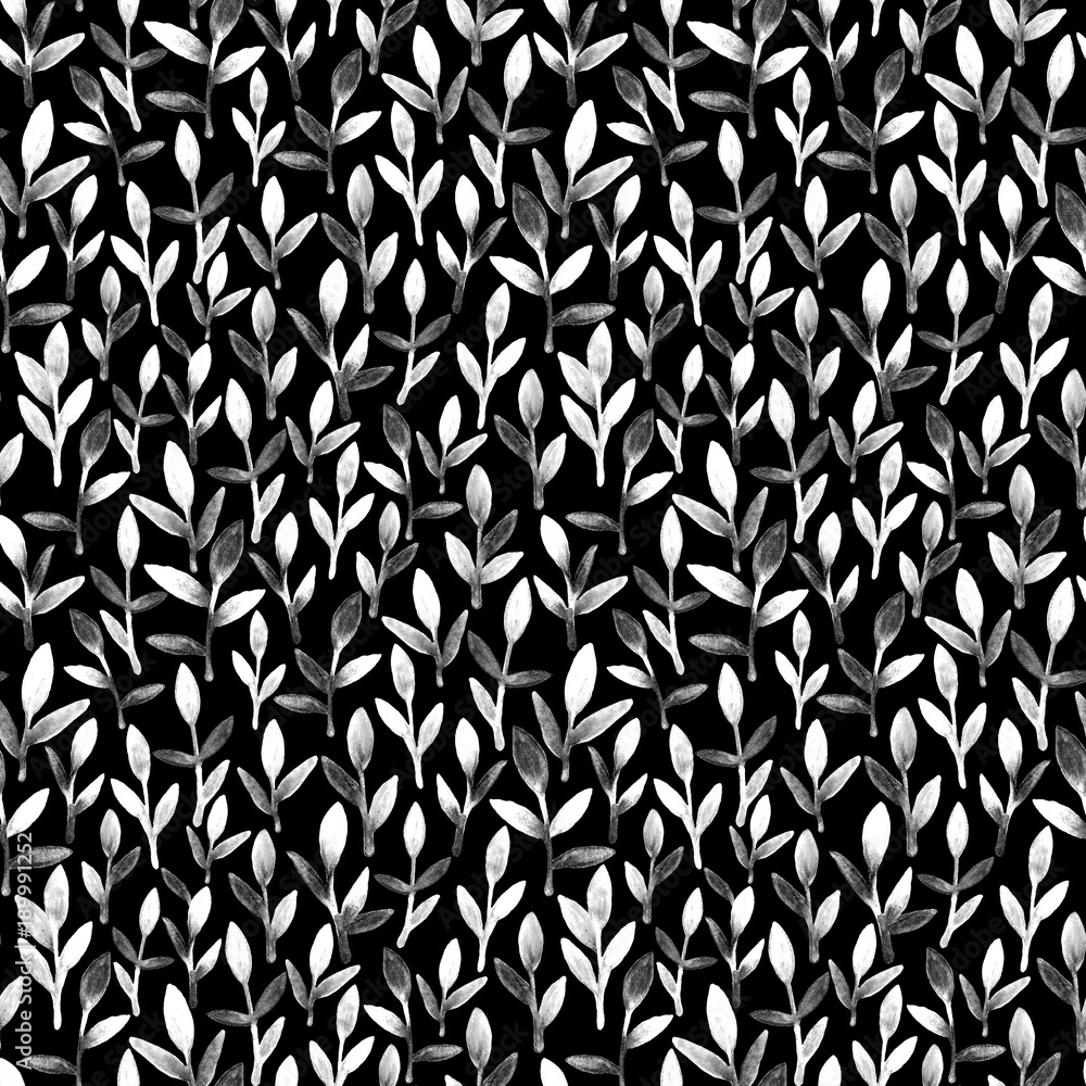 Watercolor Black White Floral Seamless Pattern Stock Illustration