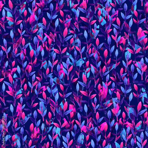 Simple and cute floral seamless pattern. Pink, blue and violet spring leaves hand painted with watercolor. Nature drawing leaf on blue background. Art bright backdrop wallpaper. Beautiful colors brush