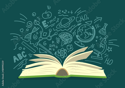 Open book with education, science hand drawn doodles on teal background. Education vector illustration.