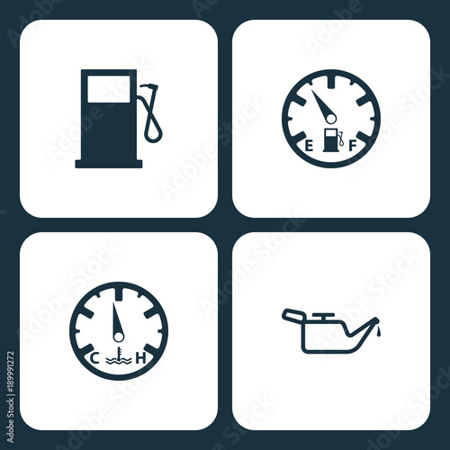 Vector Illustration Set Car Dashboard Icons. Elements Gas station, Low fuel, temperature, and Oil icon