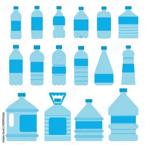 Set of plastic bottles for water. Vector pictures in flat style