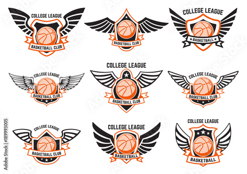 Set of winged emblems with basketball ball. Design element for logo, label, emblem, sign.