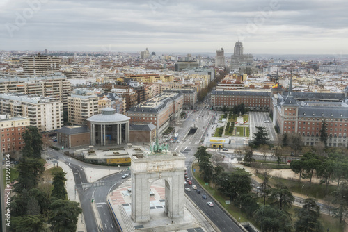 Aerial view of the Madrid centre city, Memory Arch on the Moncloa Square. Spain. photo