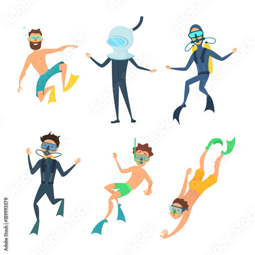 Cartoon illustrations of sea divers funny characters