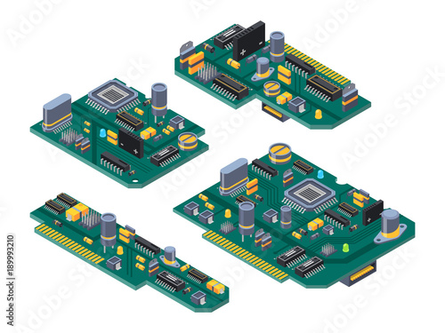 Different computer boards with semiconductors, capacitor and chips