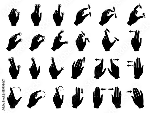 Monochrome illustrations of gestures to control electronic devices with touchscreen