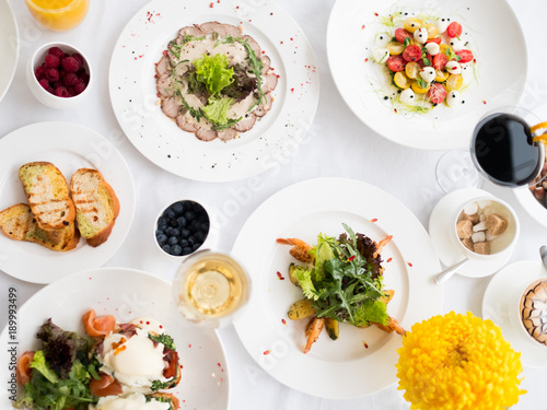 Balanced fancy restaurant dinner menu. Wholesome eating. Fitness lifestyle concept
