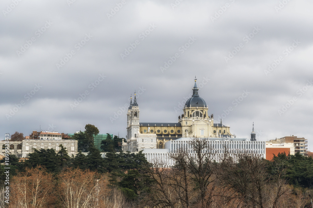 Madrid Cathedral Santa Maria la Real and the Royal Palace. Madrid, Spain.