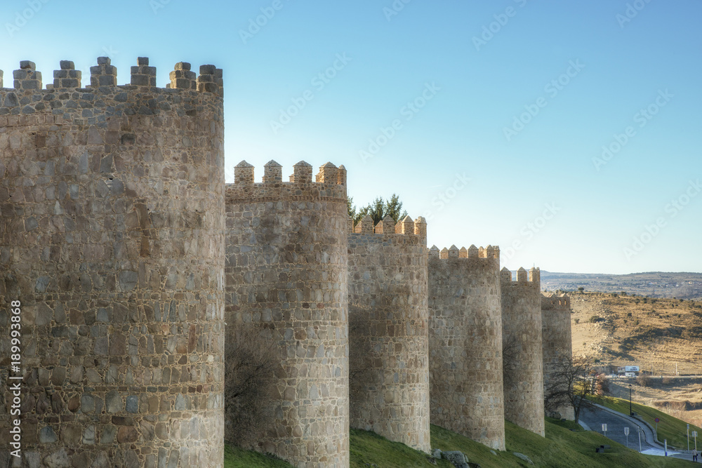 Medieval town walls surround in ancient city of Avila, Spain