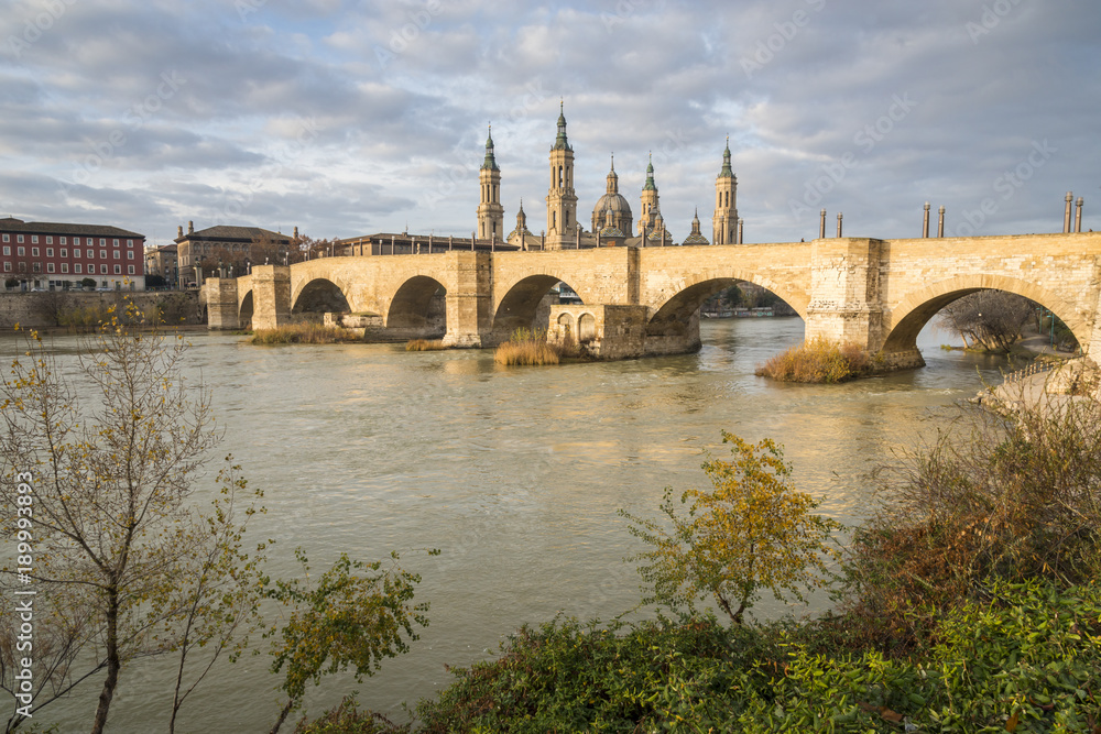 Panoramic view of the Zaragoza. Cathedral-Basilica of Our Lady of the Pillar and the Ebro River. Spain.