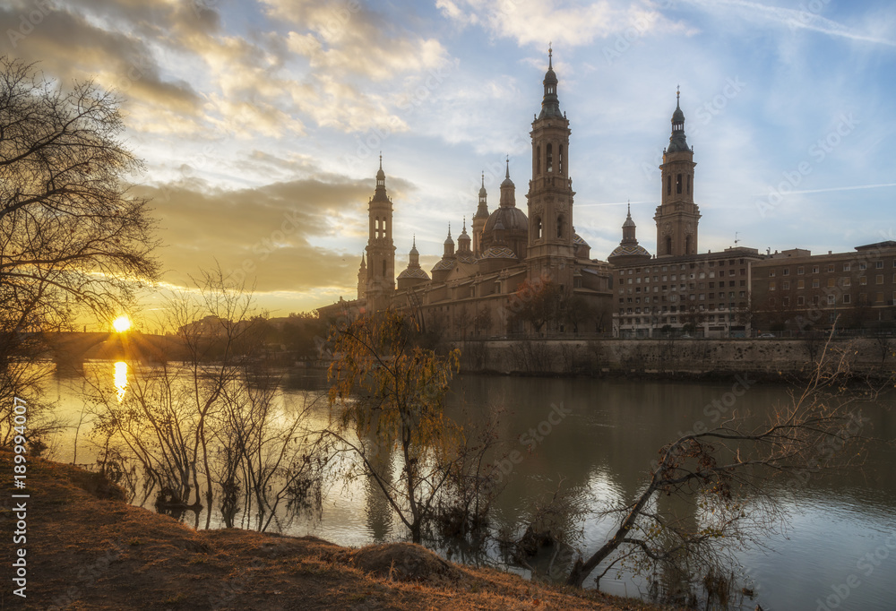 Cathedral-Basilica of Our Lady of the Pillar in Zaragoza and the Ebro River at the dawn, Spain.