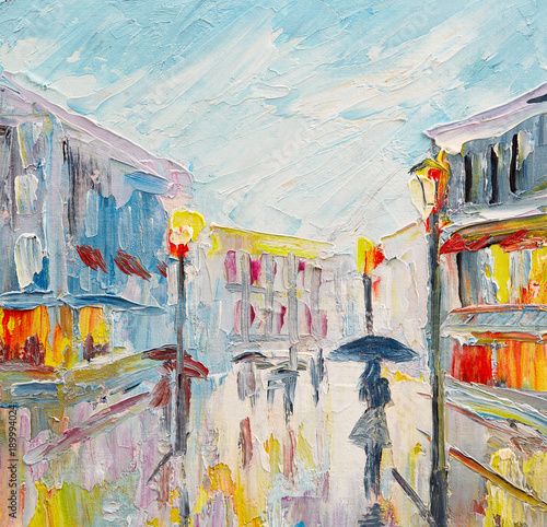 oil painting on canvas, couple of lovers under an umbrella, walking on the street