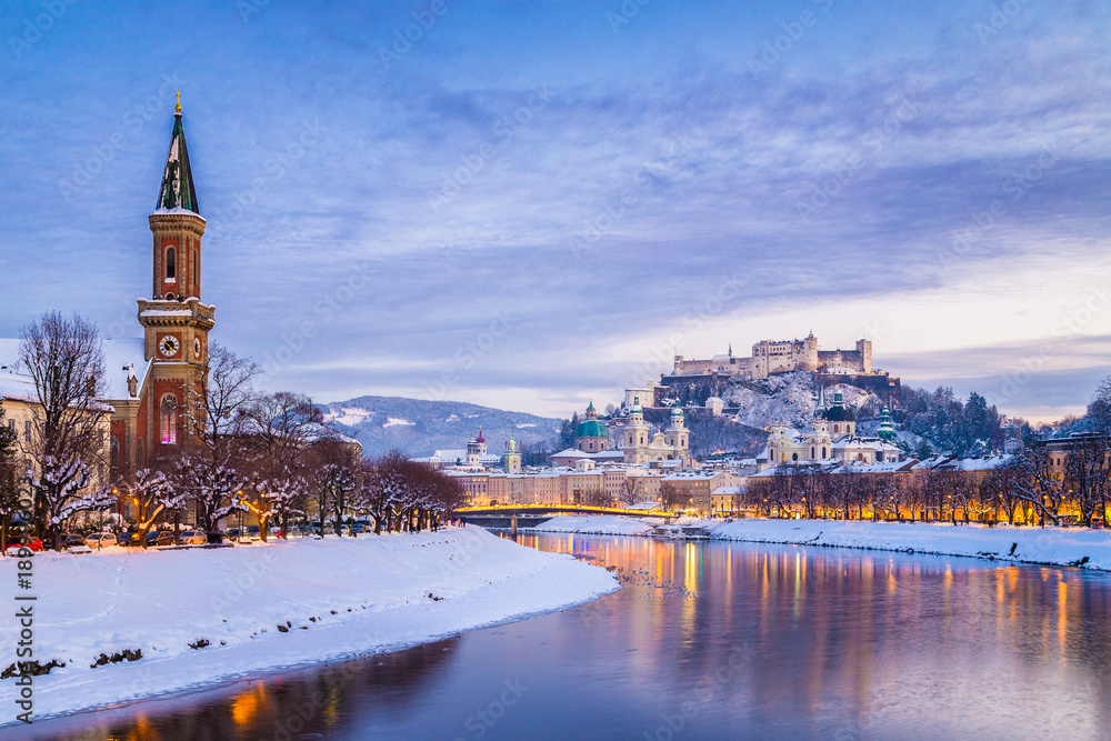 Historic city of Salzburg in winter twilight, Austria