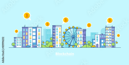 Crypto-Currency city. Bitcoin and blockchain technology flat vector illustration.