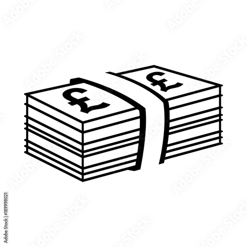 Pile of pound sterling bills. Banknotes with pound sterling signs and bank strap. Vector Illustration