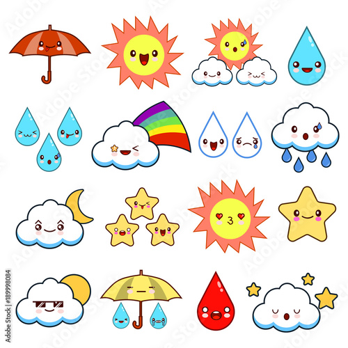 Collection of unusual cartoon and funny smiley weather icons. cute style. Sunny, cloudy, rainy, windy, shiny, bubbles, umbrella. Flat design vector illustration EPS10
