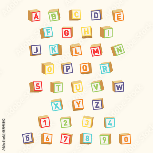 Alphabet with numbers, childish font. Colorful toy blocks for children education