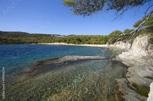 Beautiful Srebrna beach on Vis island, Croatia. Beach is famous because on moonlight stones shine silver. 
