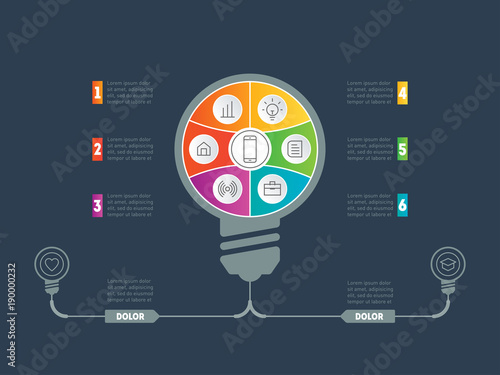 Business presentation concept with 6 options, parts, steps or processes. Vector infographics with bulb. Templates for cycle diagram, graph, presentation and round chart with additions.