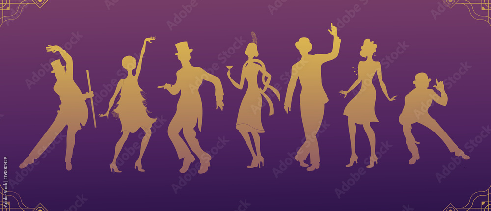 Charleston Party. Gatsby style set. Group of retro woman and man dancing charleston. Vintage style. retro silhouette dancer. 10 eps.1920 party vector background.Swing dance