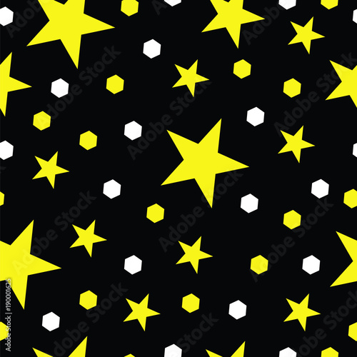 seamless pattern vector with yellow stars and polka dots on black background