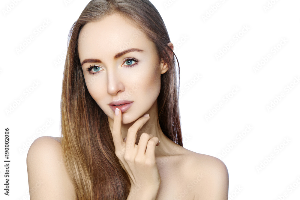 Portrait of beautiful woman with perfect clean skin. Spa look, Wellness and health Face. Daily Make-up. Skincare routine Portrait of beautiful woman with perfect clean skin. Spa look, Wellness and health Face. Daily Make-up. Skincare routine
