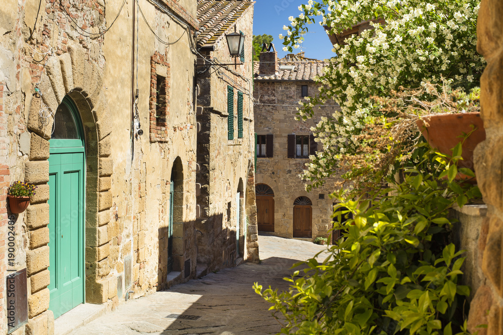 street with flowers in summer day in tuscany city in Italy