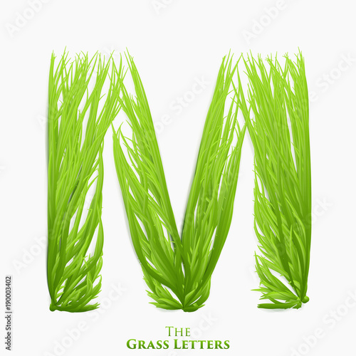 Vector letter M of juicy grass alphabet. Green M symbol consisting of growing grass. Realistic alphabet of organic plants. Spring and ecology typeset illustration.