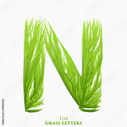 Vector letter N of juicy grass alphabet. Green N symbol consisting of growing grass. Realistic alphabet of organic plants. Spring and ecology typeset illustration.