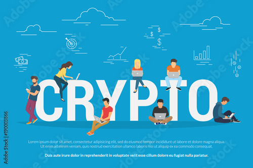 Crypto technologies concept design. Flat vector illustration of young people using laptop and smartphone mobile app for funding and making investments for cryptocurrency and blockchain projects