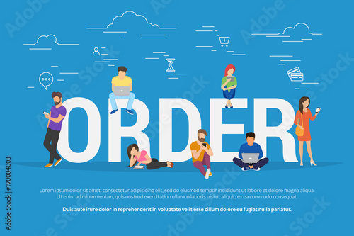 Online order concept vector illustration of people ordering and purchasing different types of goods such as food, clothes, gadgets. Flat concept design of young men and women using shopping online