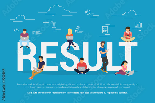 Result achievement concept vector illustration of business people using devices for working, project development and growth. Flat concept of professionals using laptop for success deals and teamwork