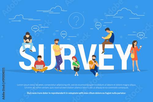 Online survey concept vector illustration of people using laptop and smartphone mobile app for fulfilling checklist or leaving a feedback for online service. Flat guys and young women near big letters