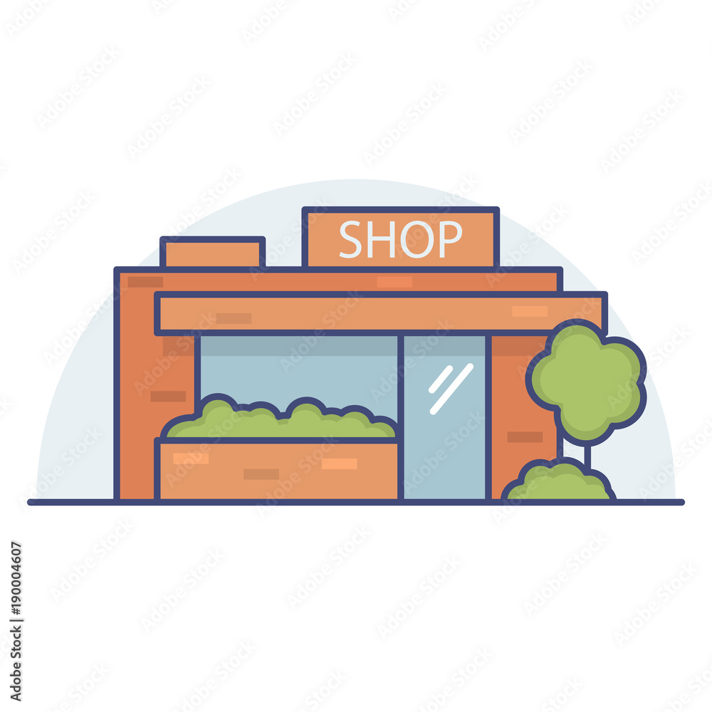 Shop the building in the city. Show-window and facade of a minimarket.Commercial public building on street.Linear flat style a vector.Street shop.Booth for trade
