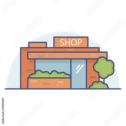 Fototapeta Naklejka Na Ścianę i Meble -  Shop the building in the city. Show-window and facade of a minimarket.Commercial public building on street.Linear flat style a vector.Street shop.Booth for trade
