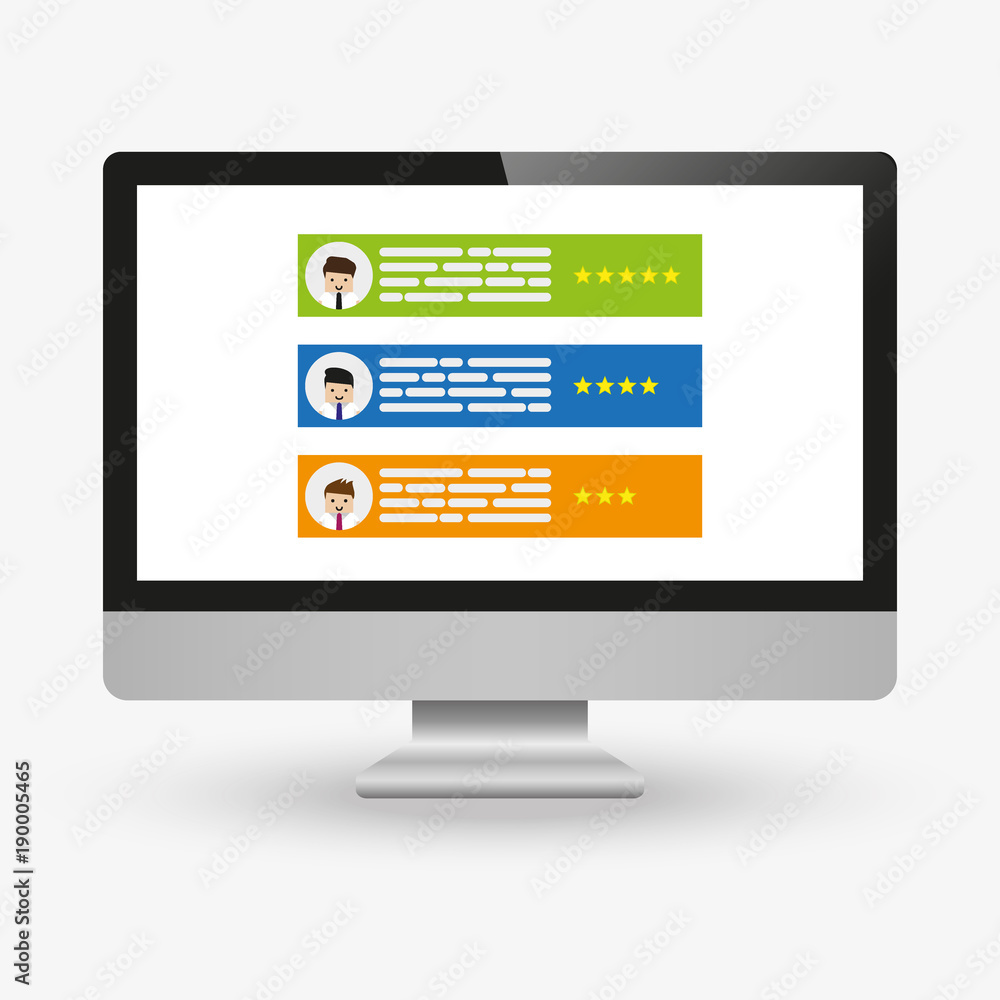 Computer with customer review rating messages vector illustration, flat cartoon design of desktop pc display and online reviews or client testimonials, concept of experience or feedback, rating stars