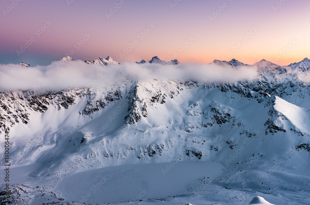Beautiful mountain sunset panorama, winter Tatra mountains, Poland