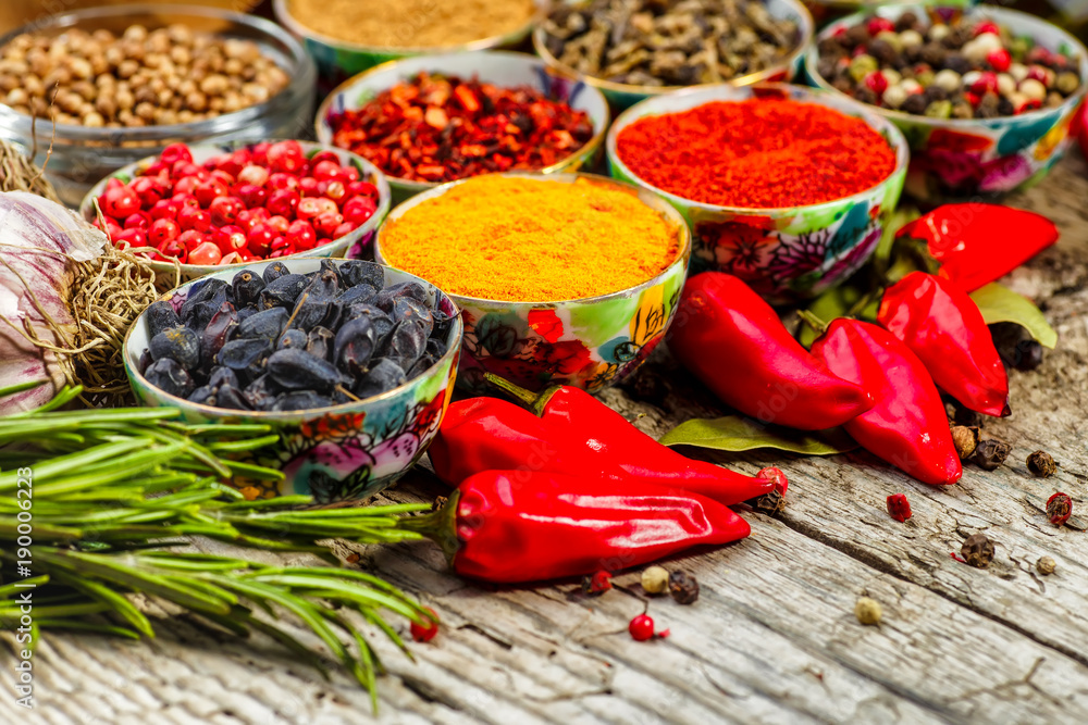 Set of Indian spices on wooden table - Top view