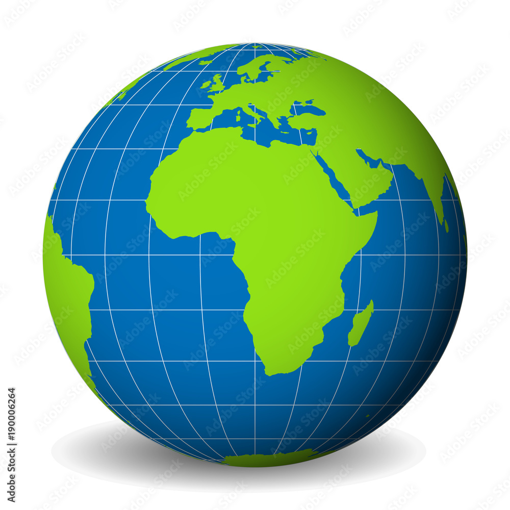 Earth globe with green world map and blue seas and oceans focused on Africa. With thin white meridians and parallels. 3D vector illustration.