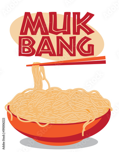 Illustration of mukbang, a Korean social media online video that features someone eating a lot of food. EPS10 vector.